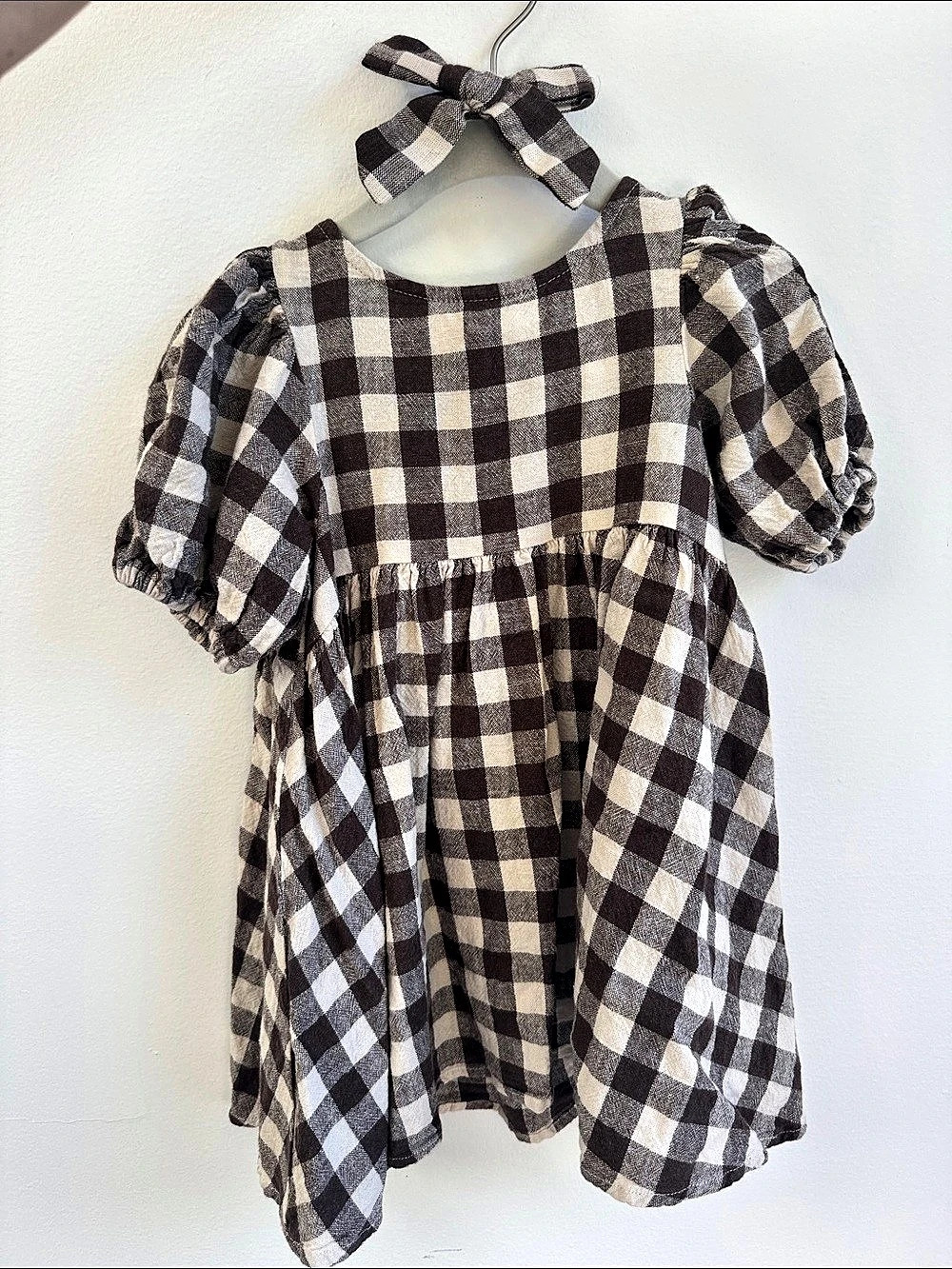 Rylee + Cru Camille Dress Gingham Puff Sleeve Brown & White 2T